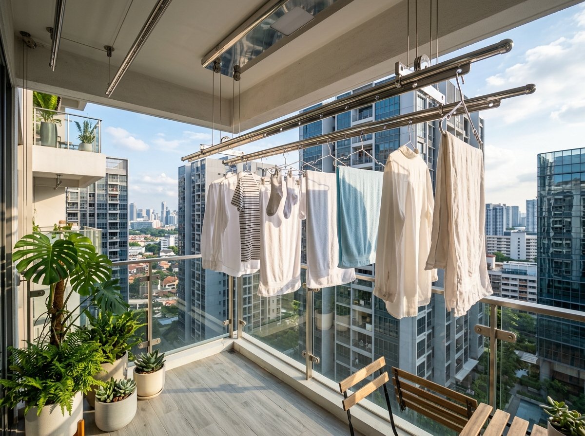 Modern balcony cloth hanger installation in a Chennai apartment